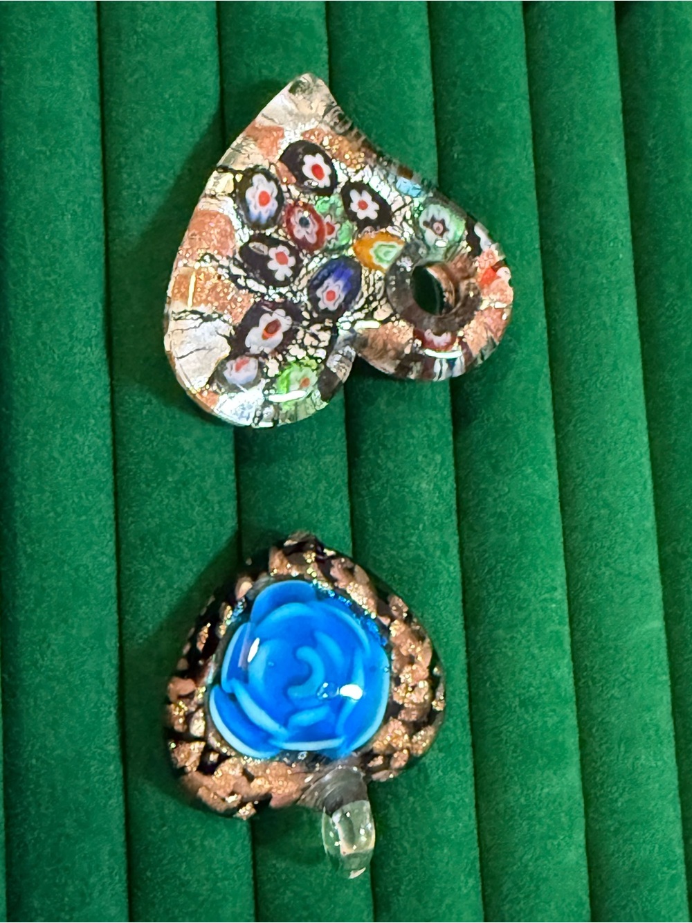 Murano Millefiore Glass Heart Pendants Blue & Multicolor